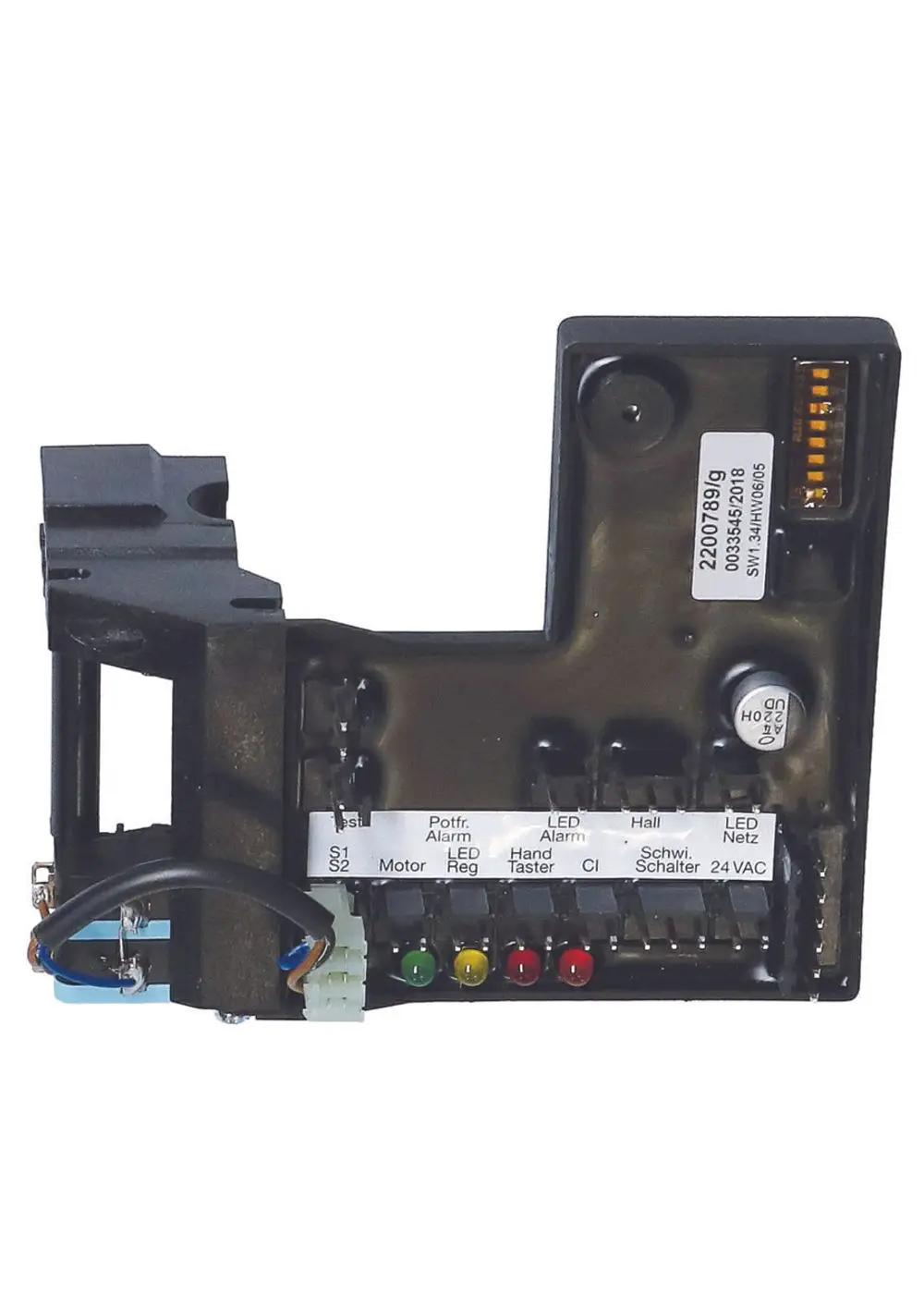 Elektroblock von Judo mit Anschlüssen für Motor, Alarm, LED-Anzeige und Taster. Sichtbare Komponenten auf schwarzem Gehäuse mit Anschlusskabeln.